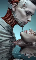 the girl is staring at her boyfriend with the head of a woman, with her face on