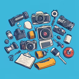 an art work depicting old cameras and a notebook