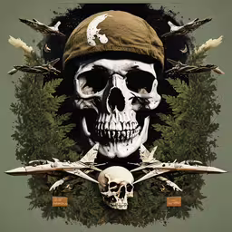 a skull with several skulls on it, surrounded by two sword and two skulls,the skull is wearing a hat and surrounded by birds
