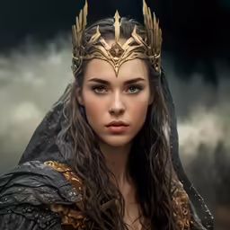 this is a female in a black cape and a golden crown