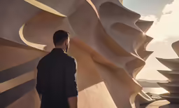 the back of a man looking at a rock formation