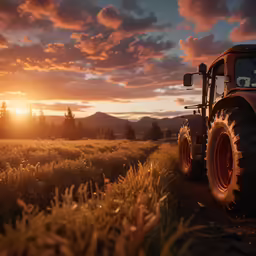 a tractor parked on a path in a field at sunrise