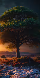 a tree stands on the rocky ground near an almost barren area,a photo of a large tree in the middle of nowhere
