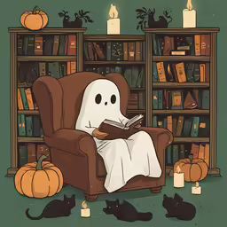 a chair sitting in front of a book shelf with a ghost reading