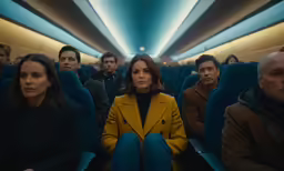 a crowd of people are sitting on the seats in an airplane