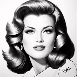 a woman with big wavy hair in black and white