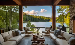 a patio with lots of seating sitting along side of a lake