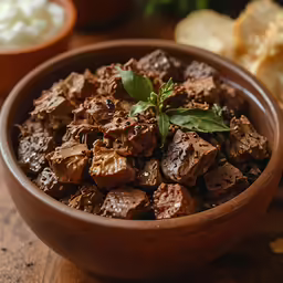 a wooden bowl filled with tofu sitting on a table