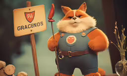 a furry orange and white cat with a sign