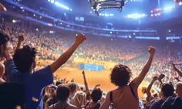 a crowd of people at a convention waving their hands up