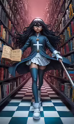 a female anime character in the library