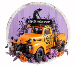 an old fashioned halloween truck with an orange cab
