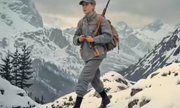 a man with a hunting bag walking down a hill