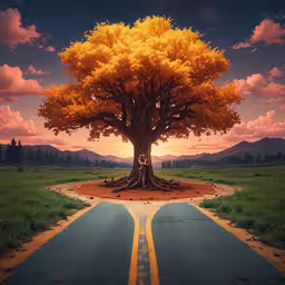 a road going to a big tree in the middle of the street,a large tree with many leaves sits at the center of a road