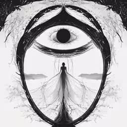 a woman standing in front of an eye,an abstract, surreal image of a person standing in the distance