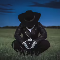 a woman squatted down in a field wearing a cowboy hat and gloves