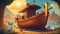 a drawing of an old wooden boat sitting in the sand,an animated boat that is on the beach