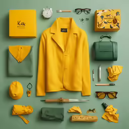 yellow outfit and accessories arranged in a flat lay