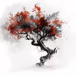 a painting of a red tree with branches sprout in it