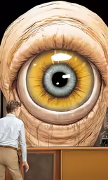a man stands beside a mural with a human eye on the side