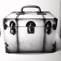 an old silver suitcase that is closed on the floor