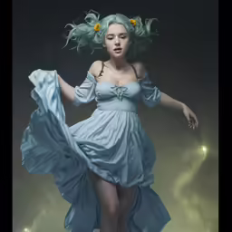 the image is of a girl with long hair and a dress with flowers in her hair