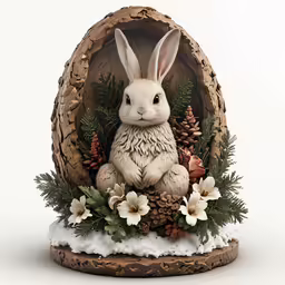 this bunny is sitting in the basket decorated with pine cones, grass and evergreen leaves