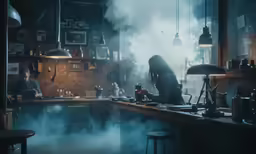 people working in a dark kitchen with smoke coming from the counter top