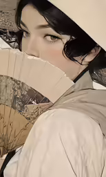 a girl in a white hat holding an oriental fan