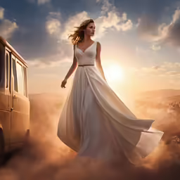 the woman is posing for the photo with her dress blowing in the wind