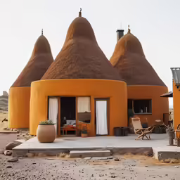 an orange building with three conical structures
