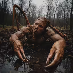 a person with their hands on water covered ground