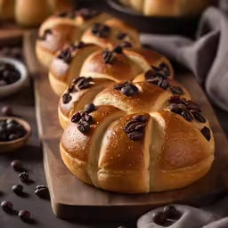some bread rolls sit on a cutting board
