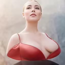 woman posing in a red padded swimsuit and hair up to her chest
