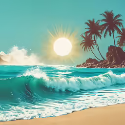 an oil painting of a beach with palm trees