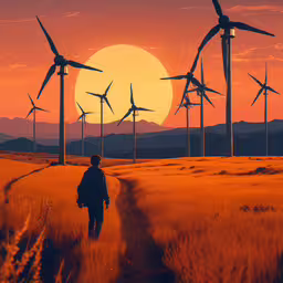 the person is walking alone in a field near wind turbines,a man walks on a path surrounded by wind turbines