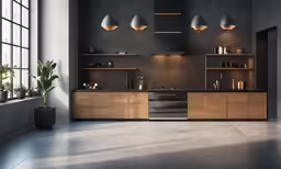 a kitchen area that includes shelves, an oven, and potted plants