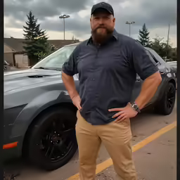 a man is standing by a car in a parking lot