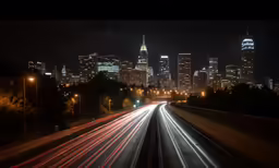 a city skyline is shown at night with light trails