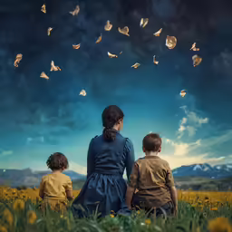two children sitting on a field watching butterflies