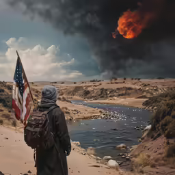 a person walks toward the water with an american flag