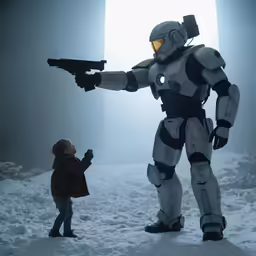 a child looking at a giant robot with a gun