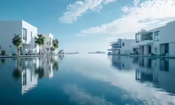 an outdoor pool surrounded by buildings and palm trees
