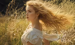 a woman in a field with her long hair in the wind