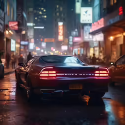 a car is shown on a wet street at night
