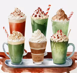 four colorful drinks with whipped cream and a candy cane on a silver tray,three drinks and one piece of straw in each