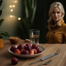 the woman is sitting at the table in front of the plate with plums