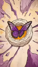 a purple butterfly flying through the center of a flower