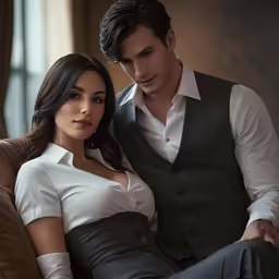 a couple posing on a couch in suits