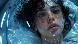 a child in water in a tub with soap on it,a woman with water on her face and a clear jacket